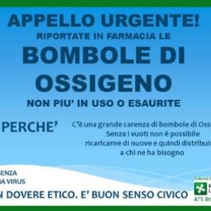 APPELLO URGENTE RIPORTATE IN FARMACIA LE BOMBOLE D'OSSIGENO